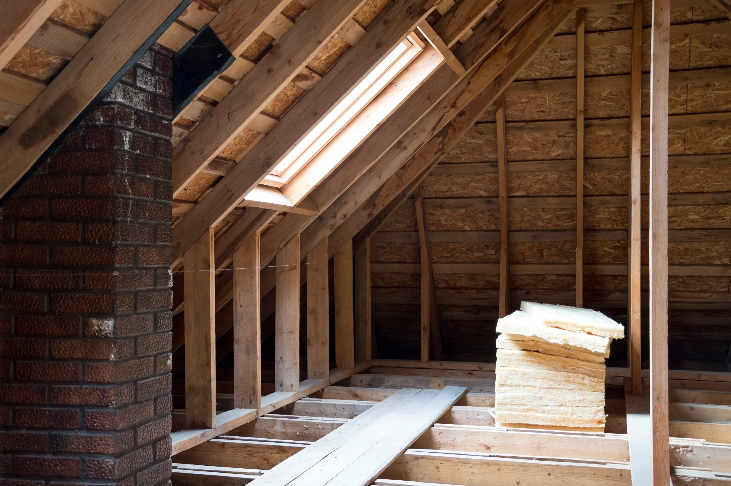 Wood-beamed,Attic,With,Window.,House,Construction.,Roof,Insulation.